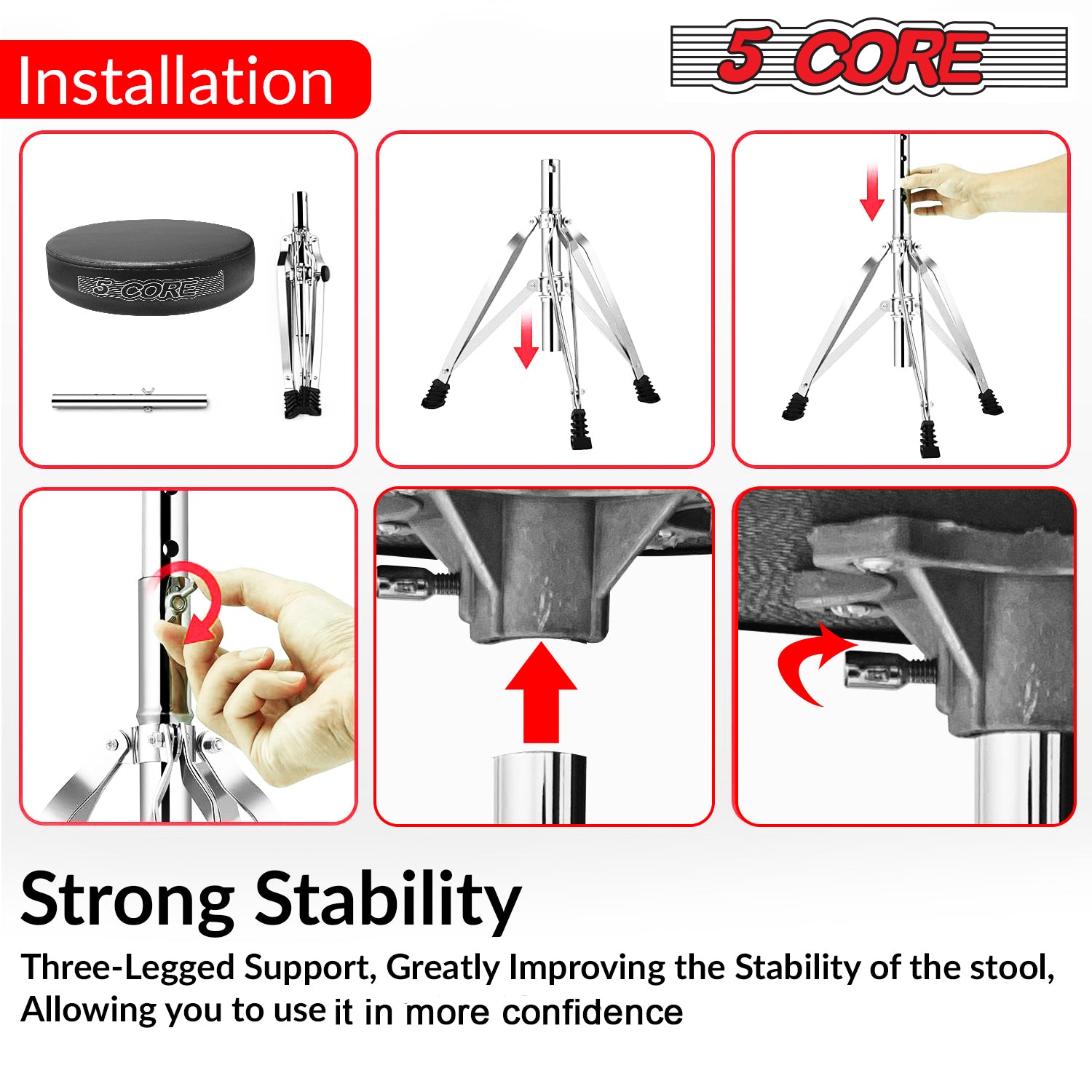 5Core Drum Throne featuring high-density memory foam and adjustable height for drummers, showcasing its sturdy design and comfort.